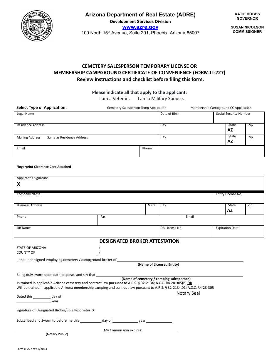 Form LI-227 Cemetery Salesperson Temporary License Application / Membership Camping Certificate of Convenience - Arizona, Page 2