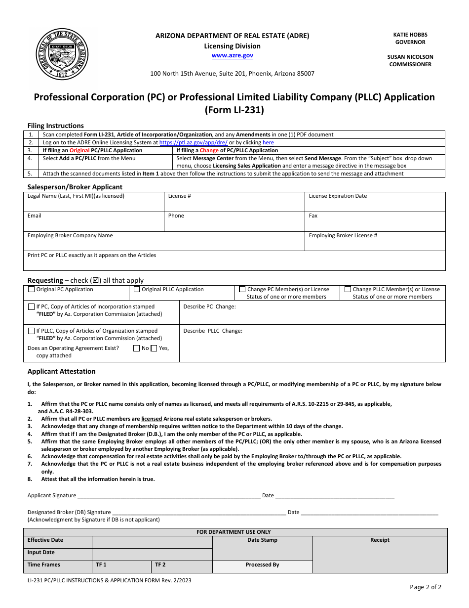 Form LI-231 Professional Corporation (Pc) or Professional Limited Liability Company (Pllc) Application - Arizona, Page 2