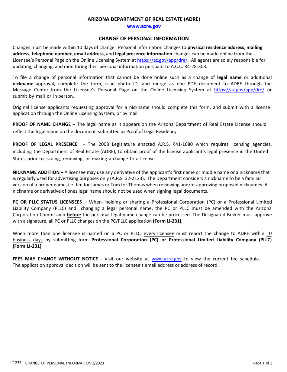 Form LI-235 Change of Personal Information Form - Arizona, Page 1