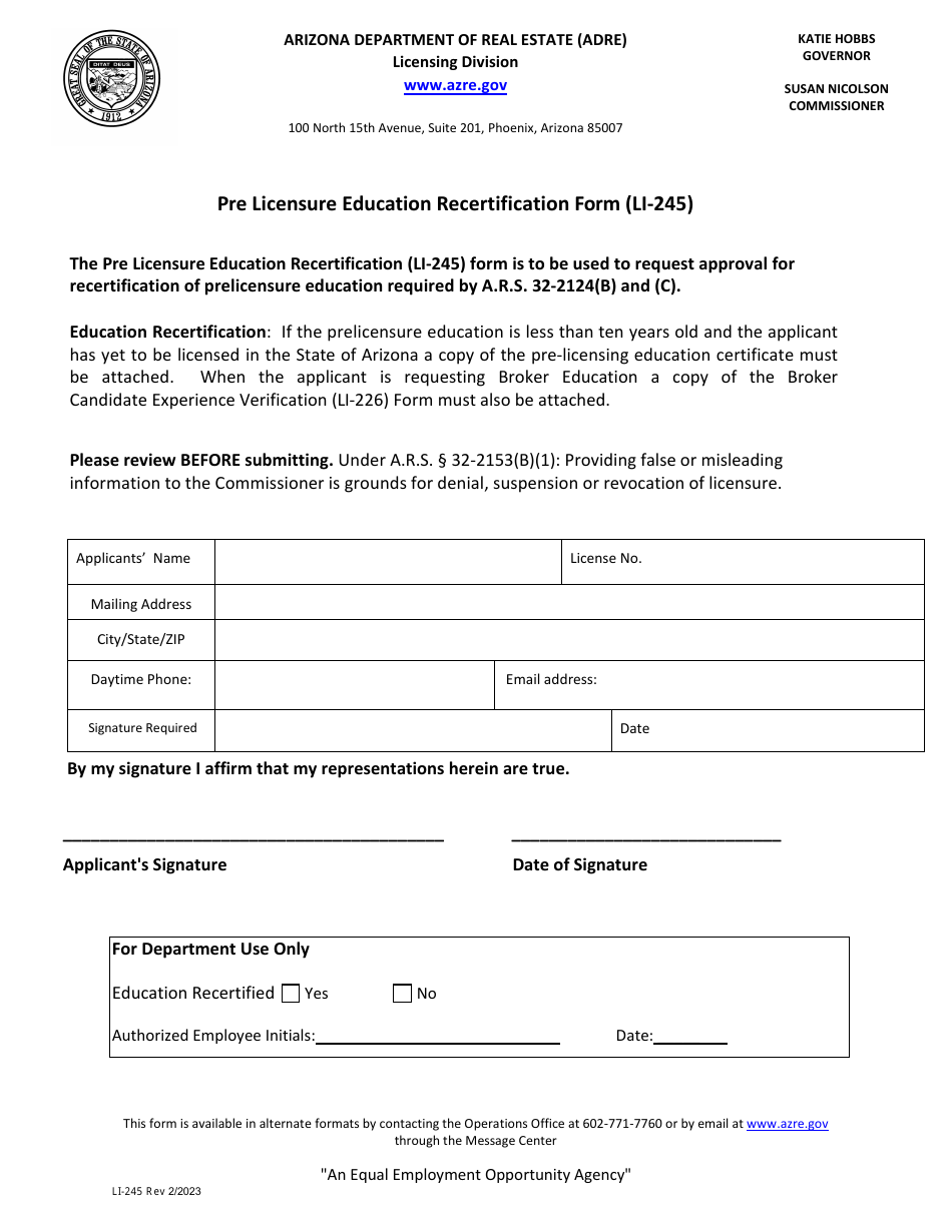 Form LI-245 Pre Licensure Education Recertification Form - Arizona, Page 1
