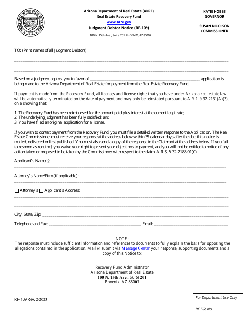 Form RF-109 Judgement Debtor Notice - Arizona