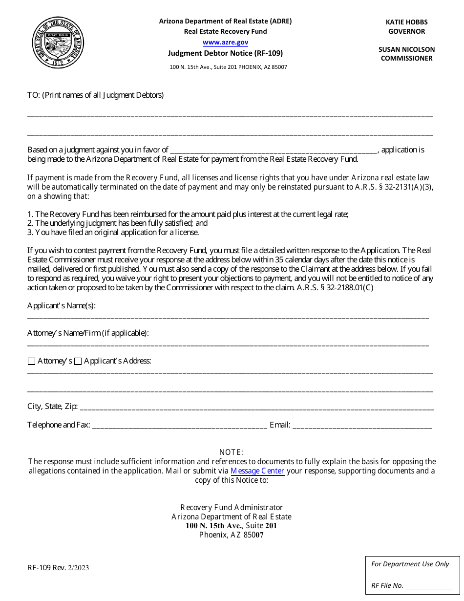 Form RF-109 Judgement Debtor Notice - Arizona, Page 1