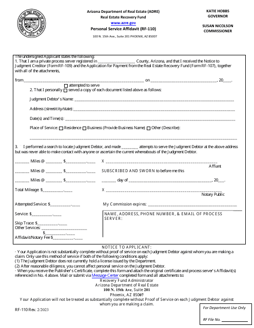 Form RF-110 Personal Service Affidavit - Arizona