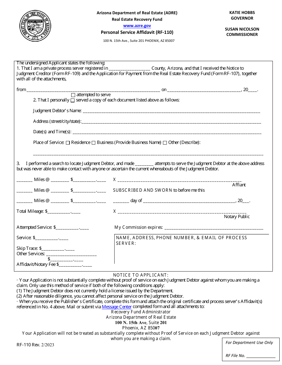 Form RF-110 Personal Service Affidavit - Arizona, Page 1