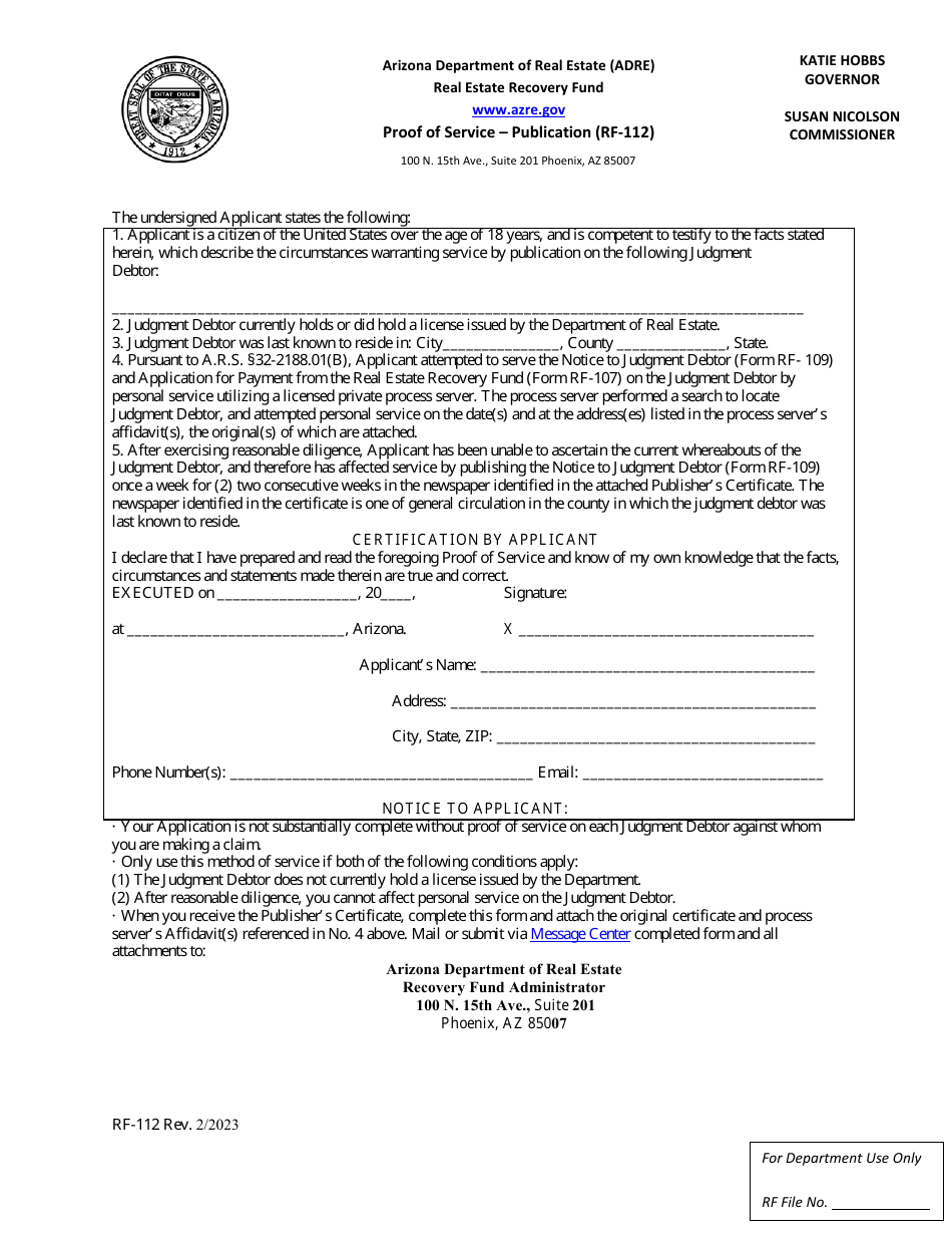 Form RF-112 Proof of Service - Publication - Arizona, Page 1
