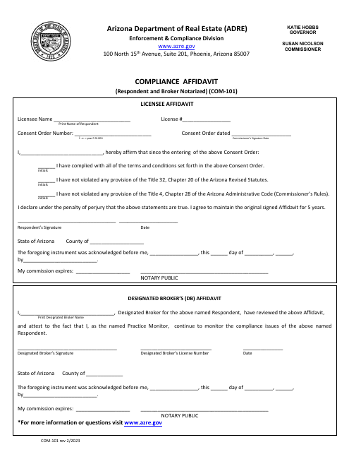 Form COM-101 Compliance Affidavit (Respondent and Broker Notarized) - Arizona