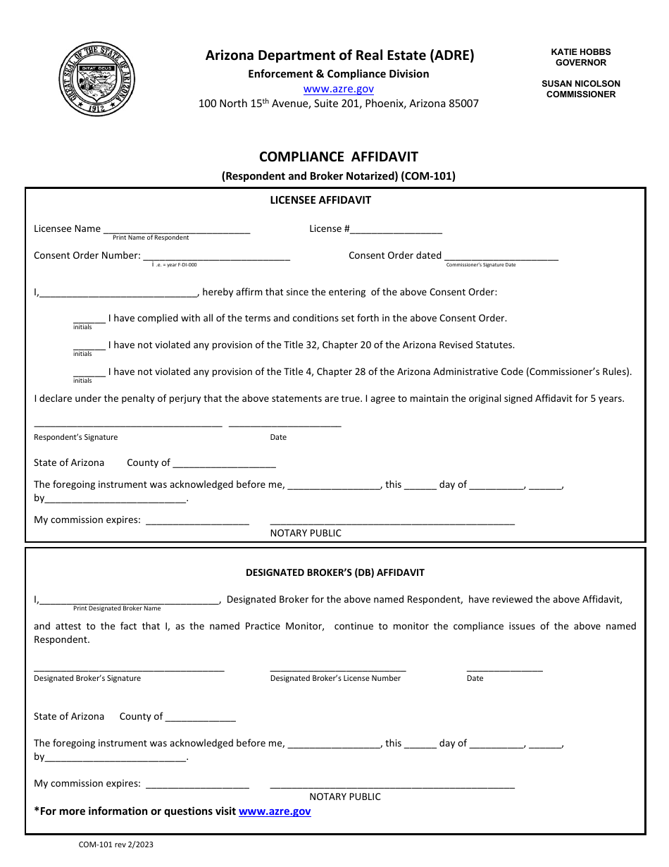 Form COM-101 Compliance Affidavit (Respondent and Broker Notarized) - Arizona, Page 1