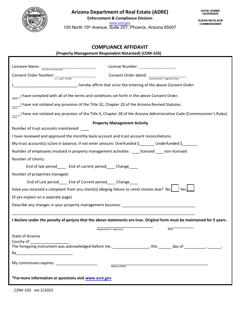 Form COM-103 Compliance Affidavit (Property Management Respondent Notarized) - Arizona