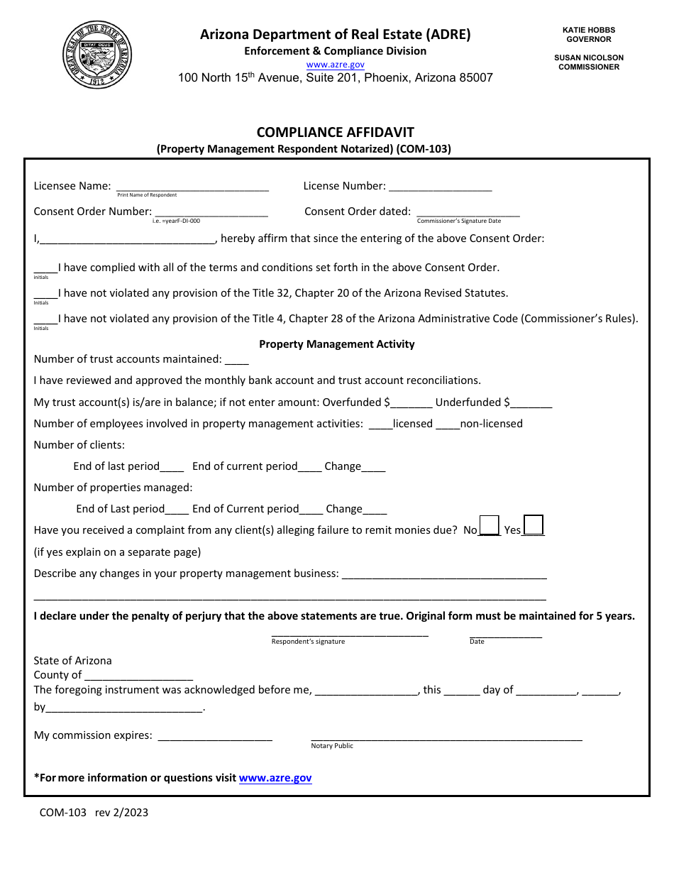 Form COM-103 Compliance Affidavit (Property Management Respondent Notarized) - Arizona, Page 1