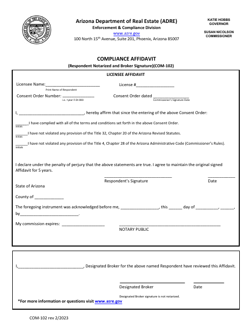 Form COM-102 Compliance Affidavit, Respondent Notarized and Broker Signature - Arizona
