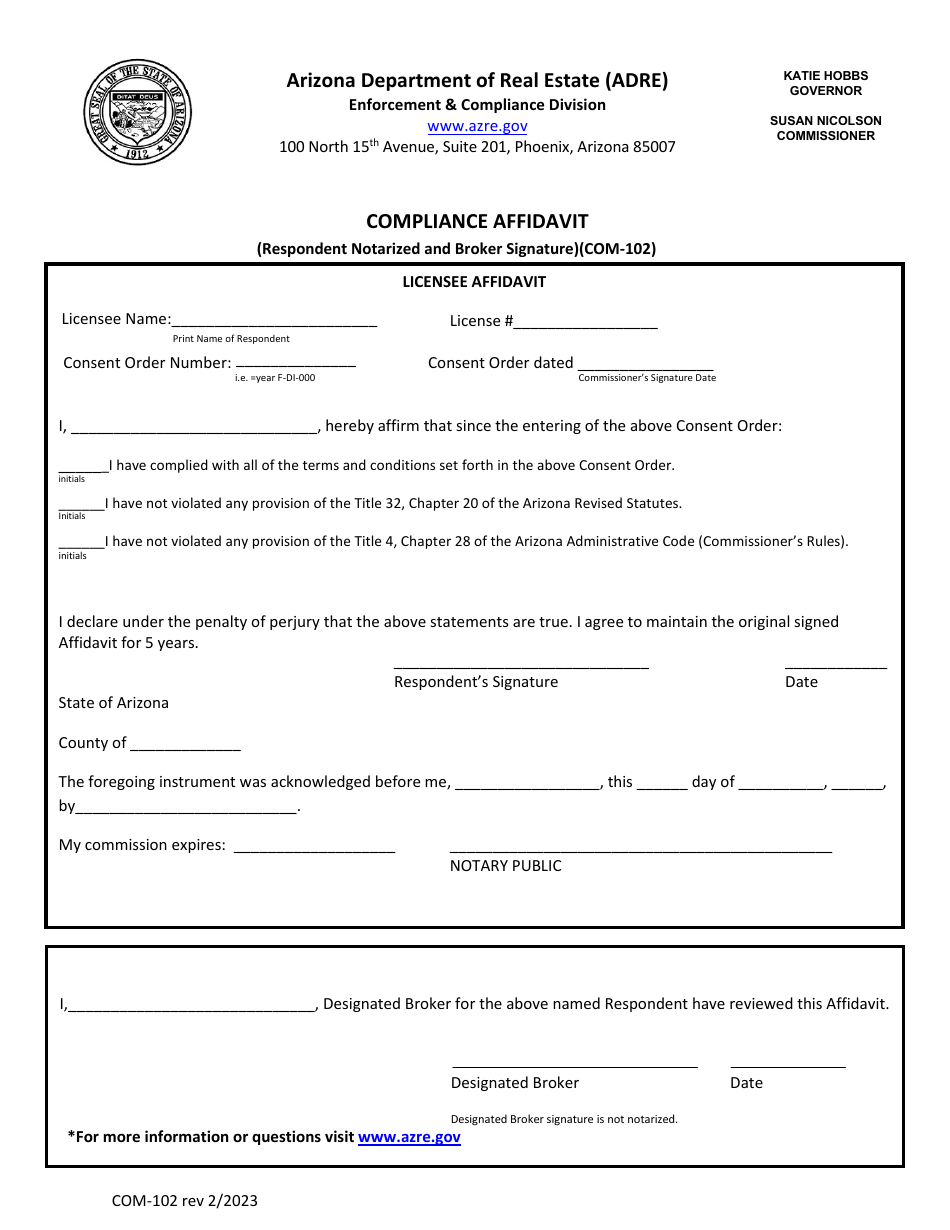 Form COM-102 Compliance Affidavit, Respondent Notarized and Broker Signature - Arizona, Page 1