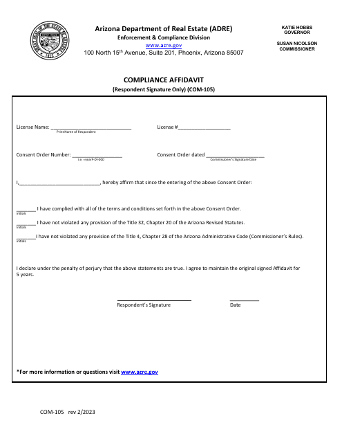 Form COM-105 Compliance Affidavit, Respondent Signature Only - Arizona