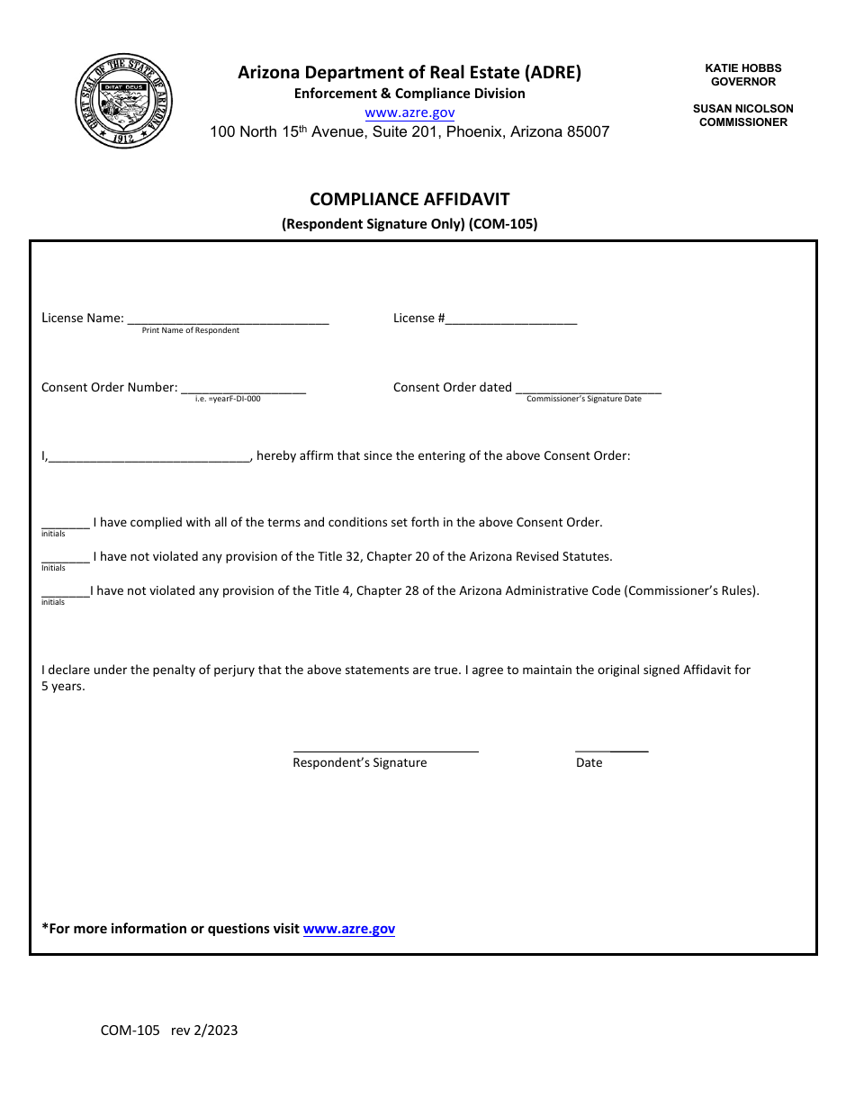 Form COM-105 Compliance Affidavit, Respondent Signature Only - Arizona, Page 1