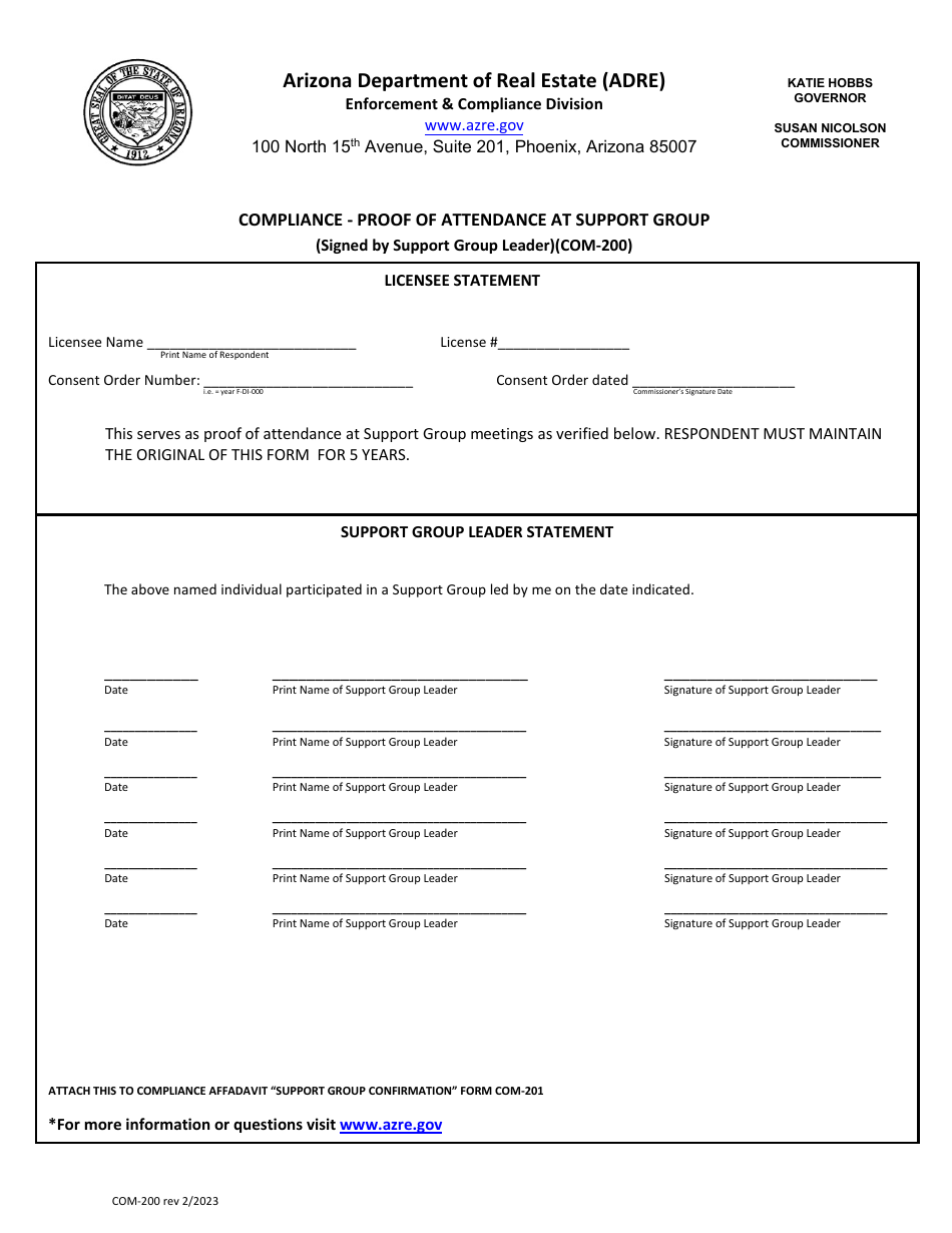 Form COM-200 Compliance - Proof of Attendance at Support Group - Arizona, Page 1