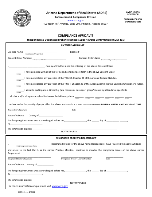 Form COM-201 Compliance Affidavit, Respondent & Designated Broker Notarized Support Group Confirmation - Arizona