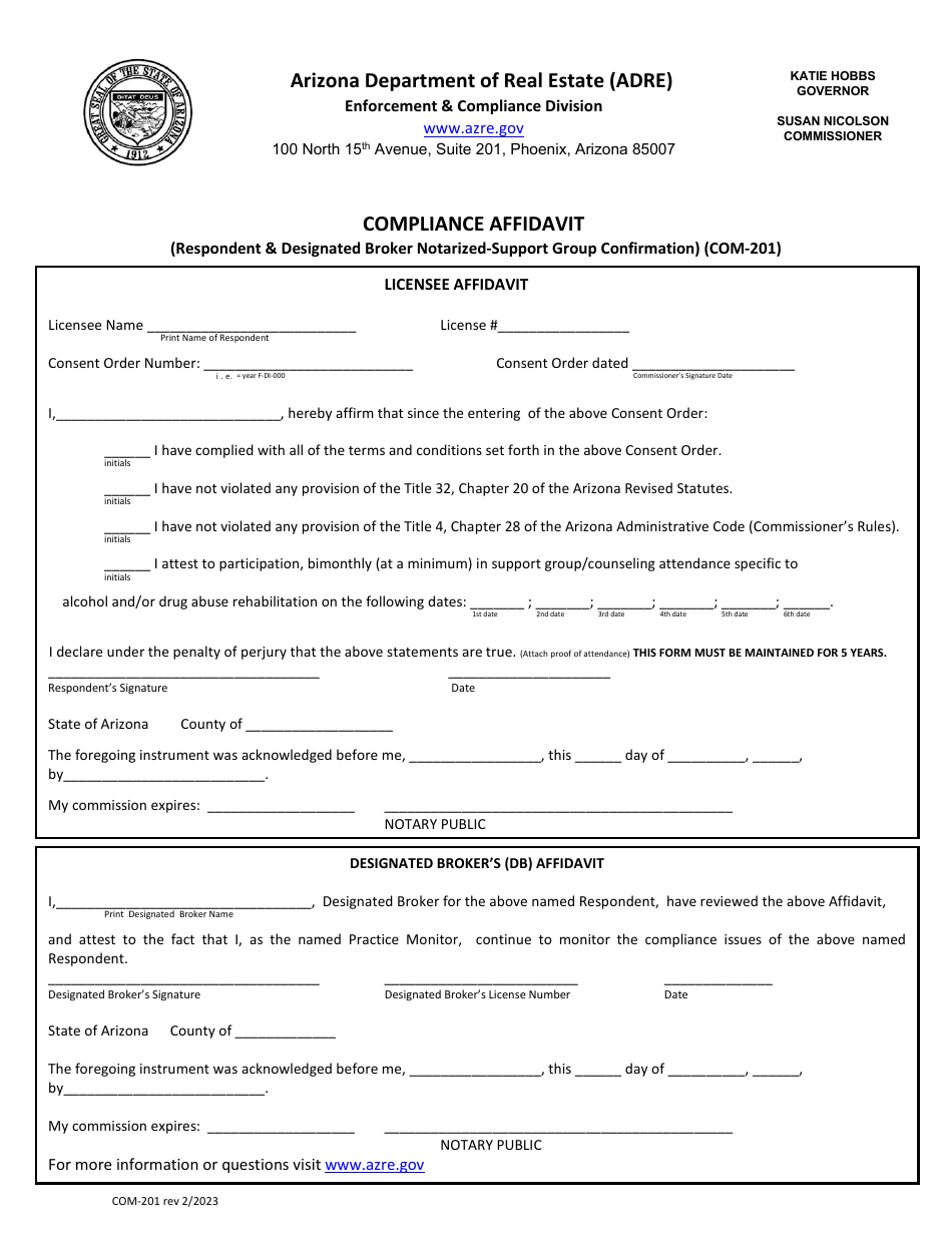 Form COM-201 Compliance Affidavit, Respondent  Designated Broker Notarized Support Group Confirmation - Arizona, Page 1