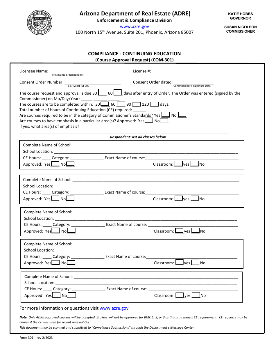 Form COM-301 Compliance - Continuing Education, Course Approval Request - Arizona, Page 1