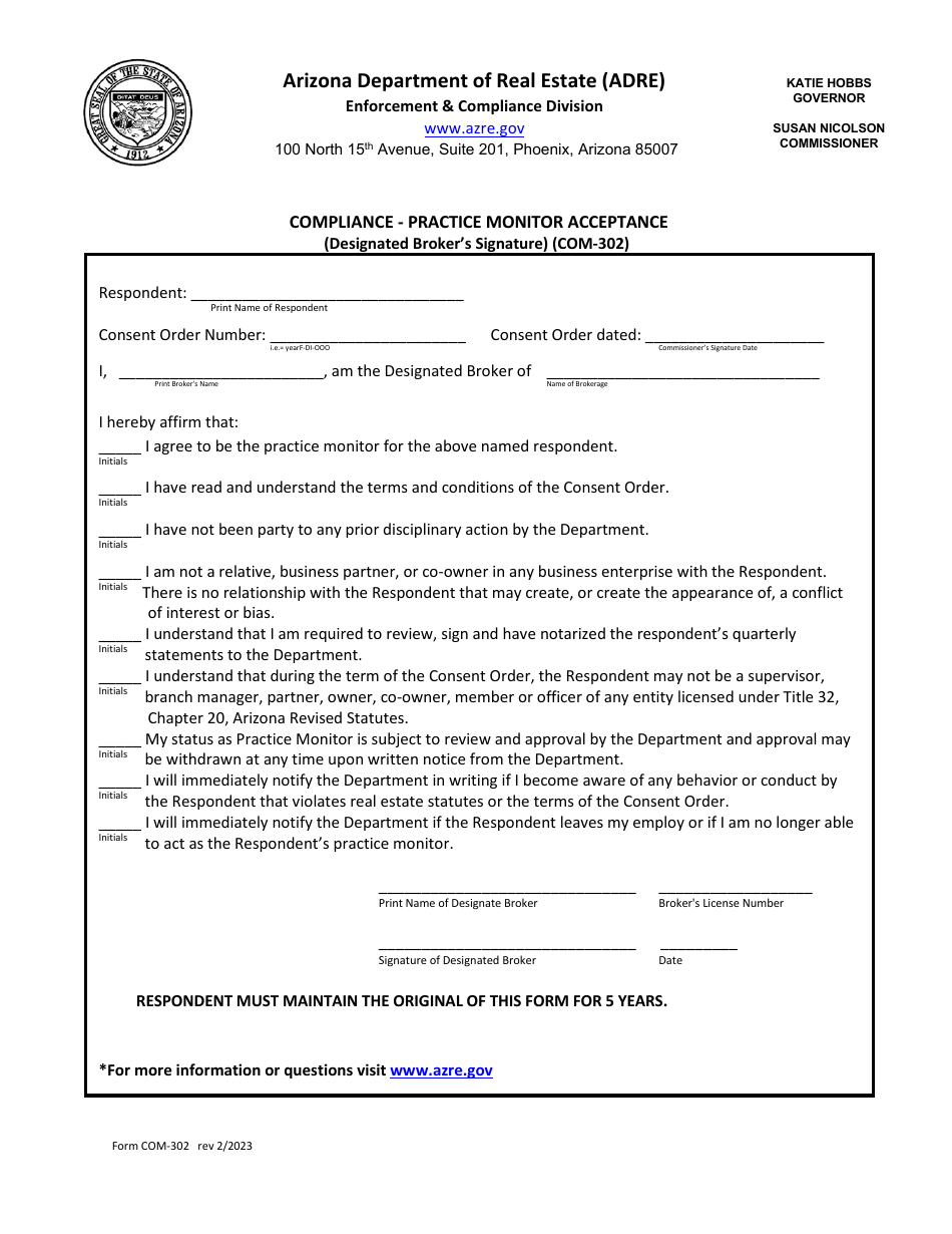 Form COM-302 Compliance - Practice Monitor Acceptance, Designated Brokers Signature - Arizona, Page 1