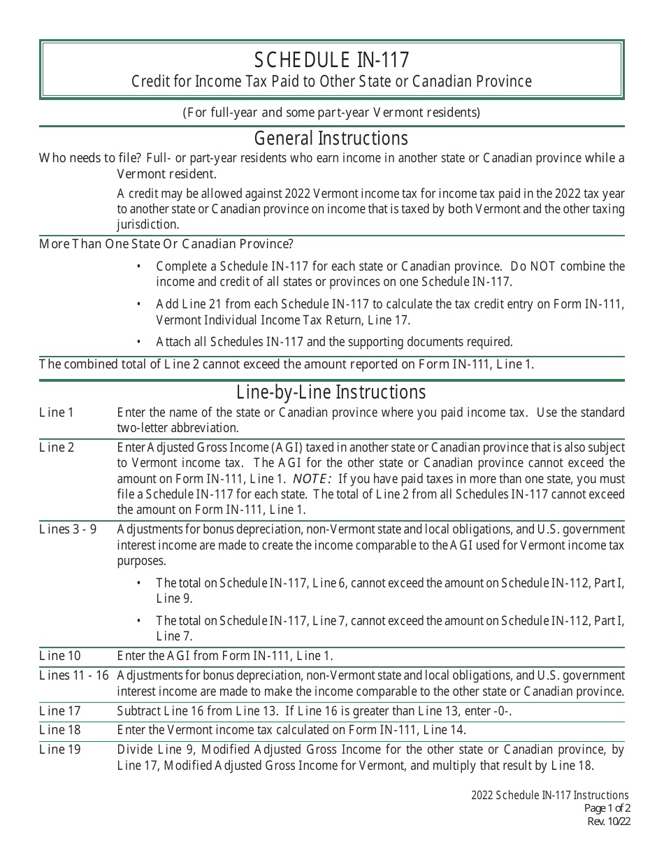 Instructions for Schedule IN-117 Vermont Credit for Income Tax Paid to Other State or Canadian Province - Vermont, Page 1