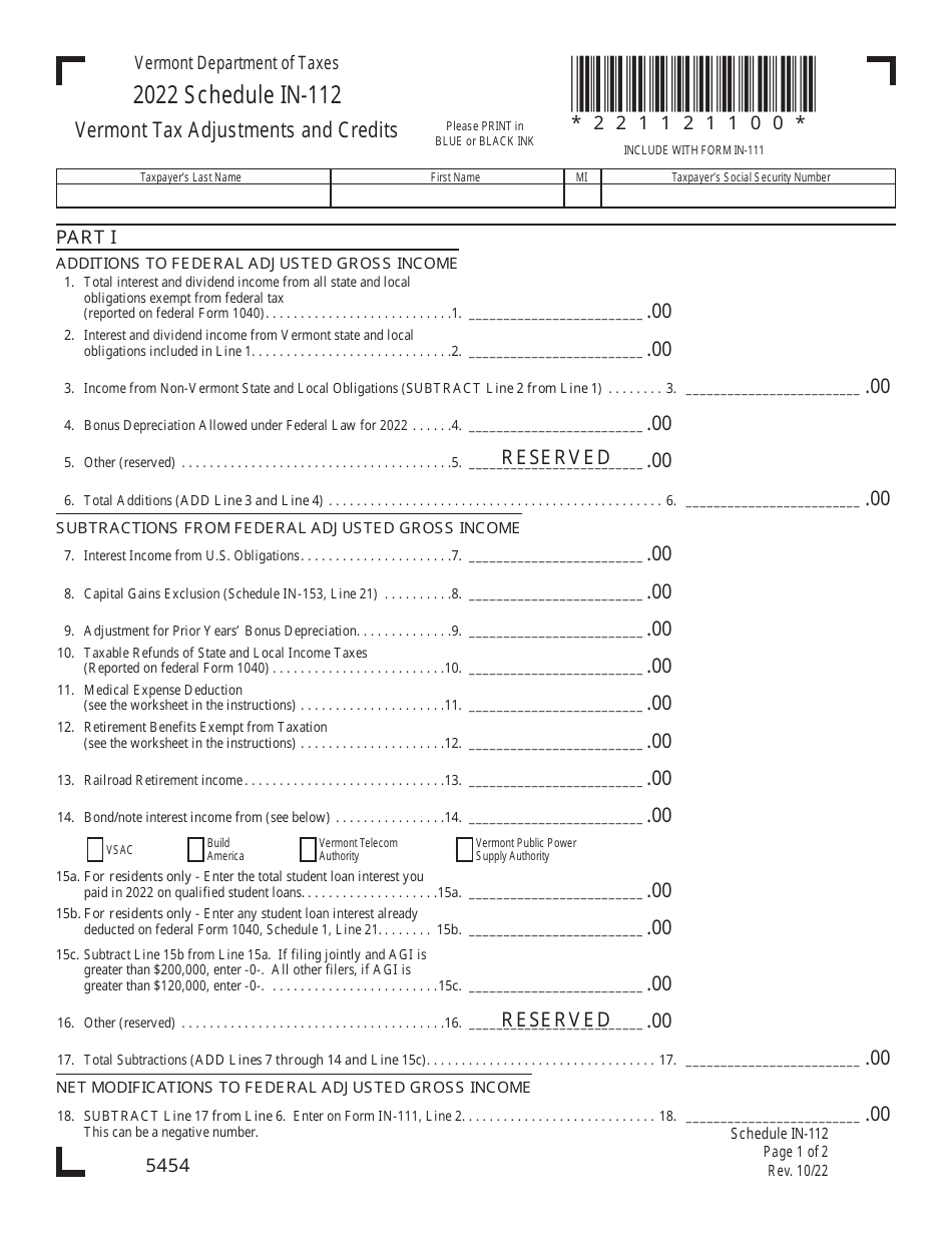 Schedule IN-112 Vermont Tax Adjustments and Credits - Vermont, Page 1