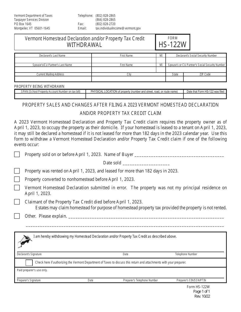 Form HS-122W Vermont Homestead Declaration and / or Property Tax Credit Withdrawal - Vermont, Page 1