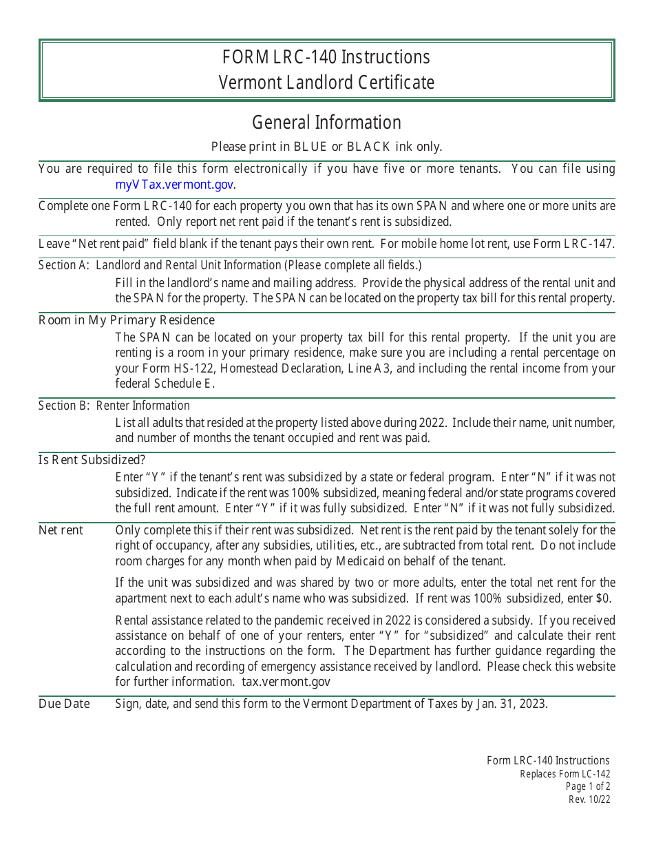 Instructions for Form LRC-140 Vermont Landlord Certificate - Vermont, Page 1