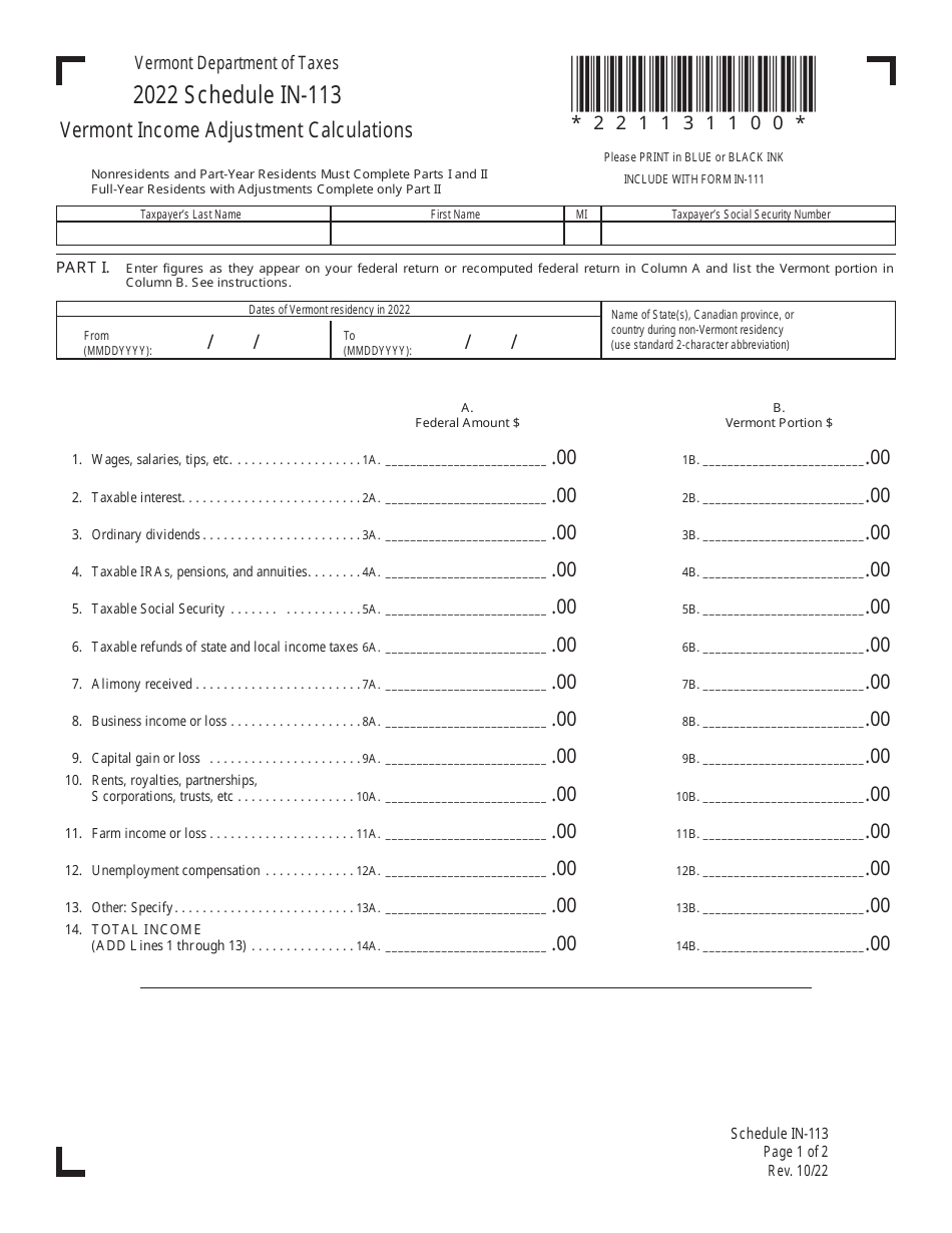 Schedule IN-113 Vermont Income Adjustment Calculations - Vermont, Page 1