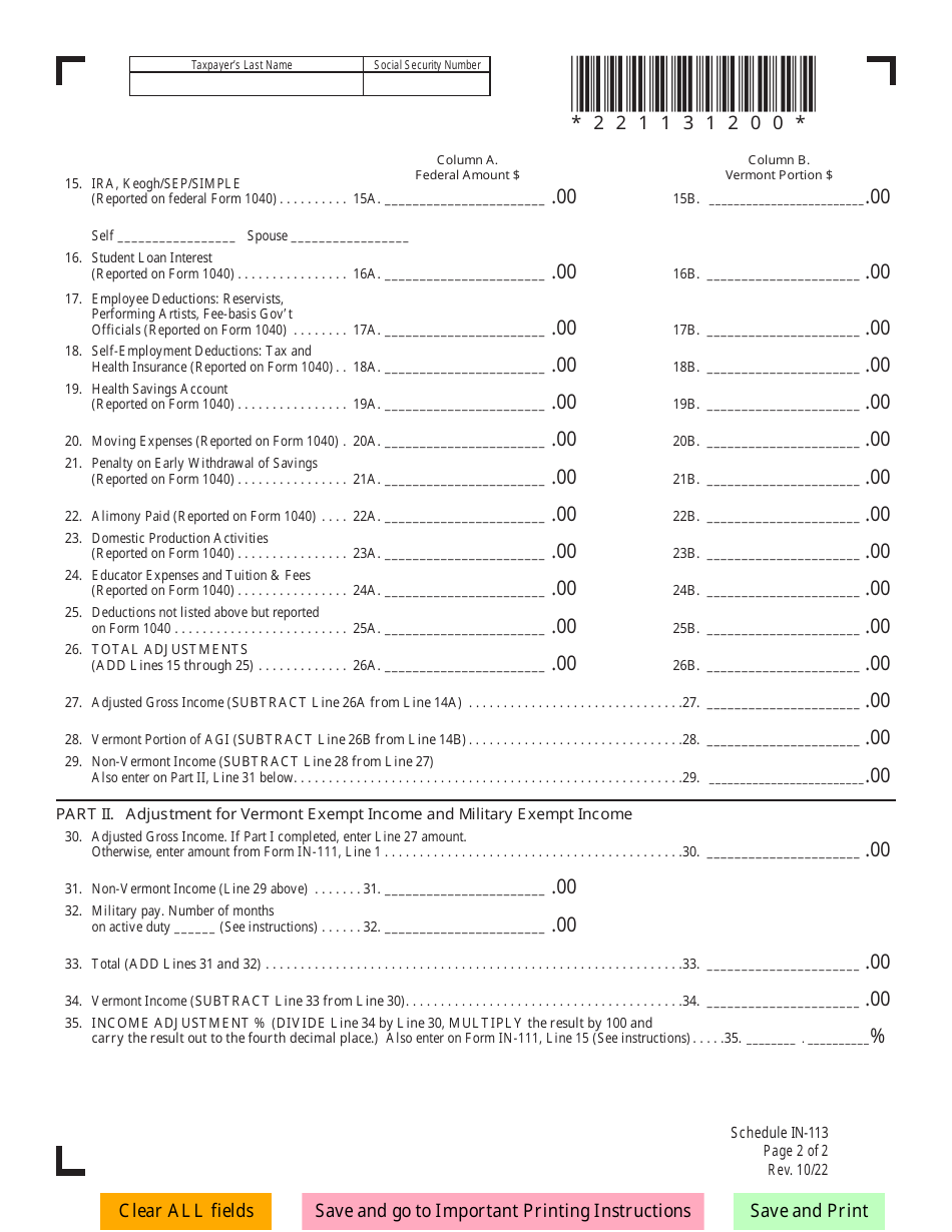 Schedule IN-113 Vermont Income Adjustment Calculations - Vermont, Page 2