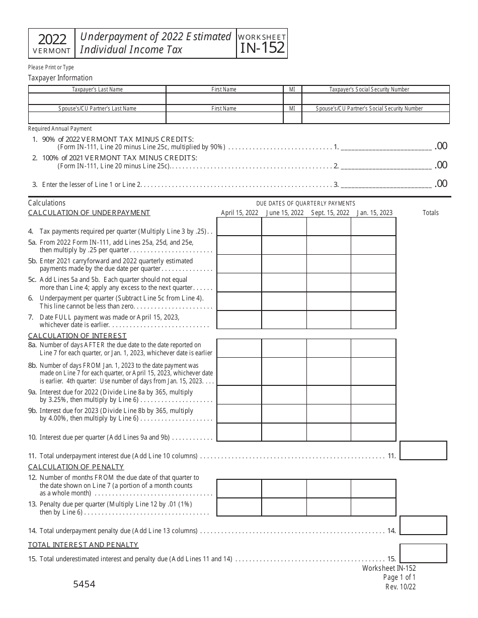 Worksheet IN-152 Underpayment of Estimated Individual Income Tax - Vermont, Page 1