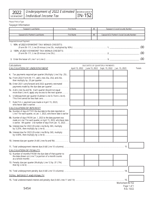 Worksheet IN-152 Underpayment of Estimated Individual Income Tax - Vermont, 2022