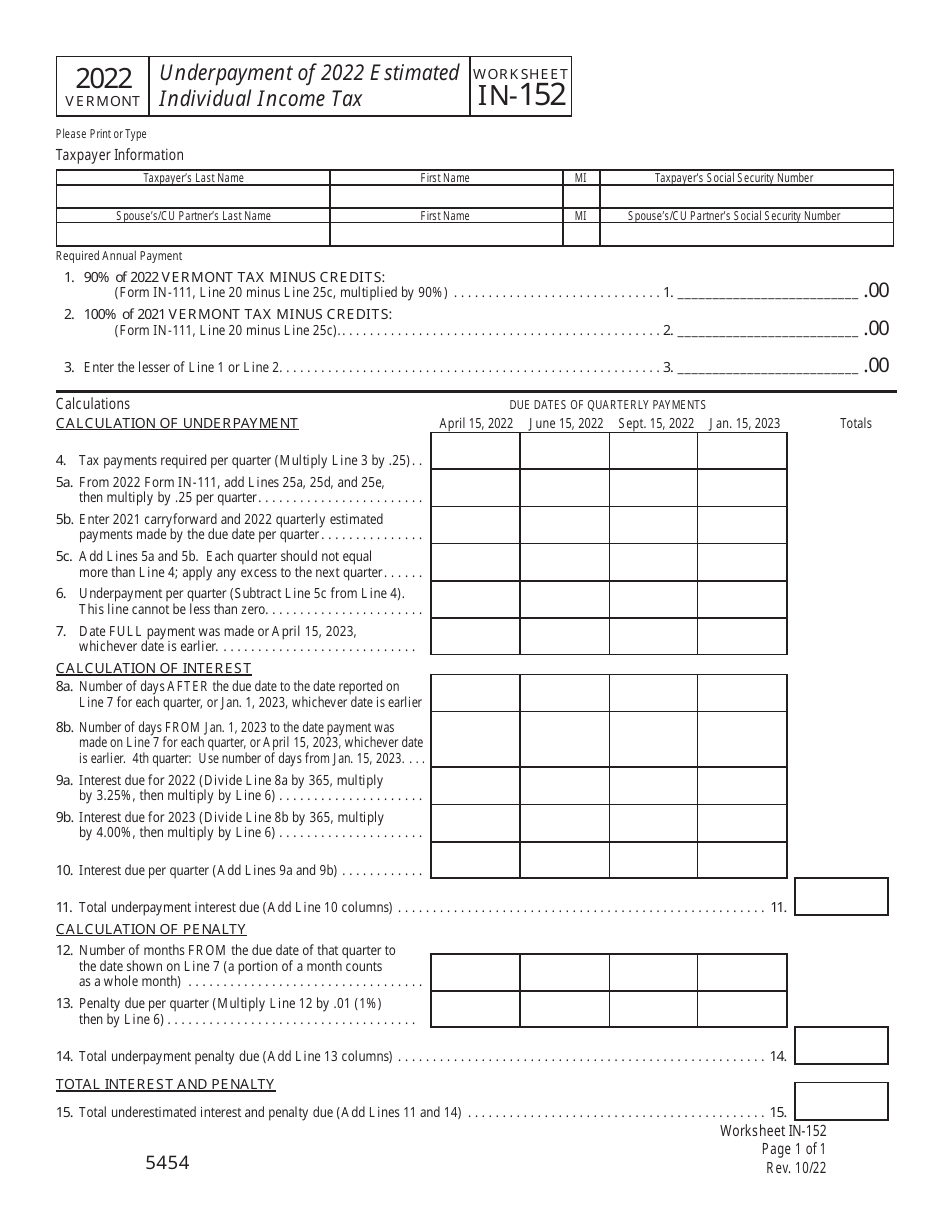 2022 Vermont Underpayment of Estimated Individual Tax Fill Out