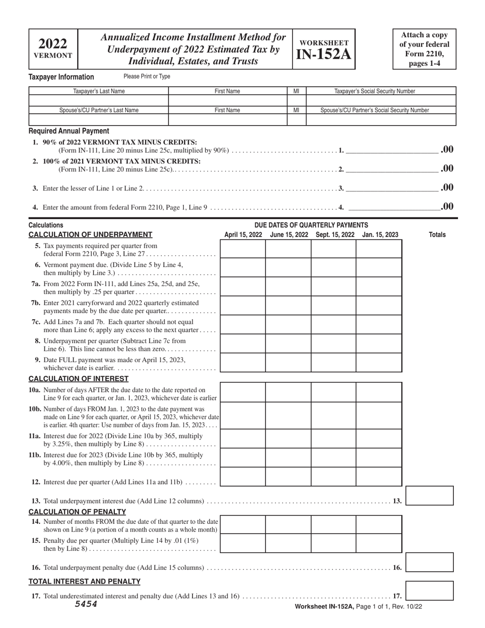 Worksheet IN-152A Annualized Income Installment Method for Underpayment of Estimated Tax by Individual, Estates, and Trusts - Vermont, Page 1