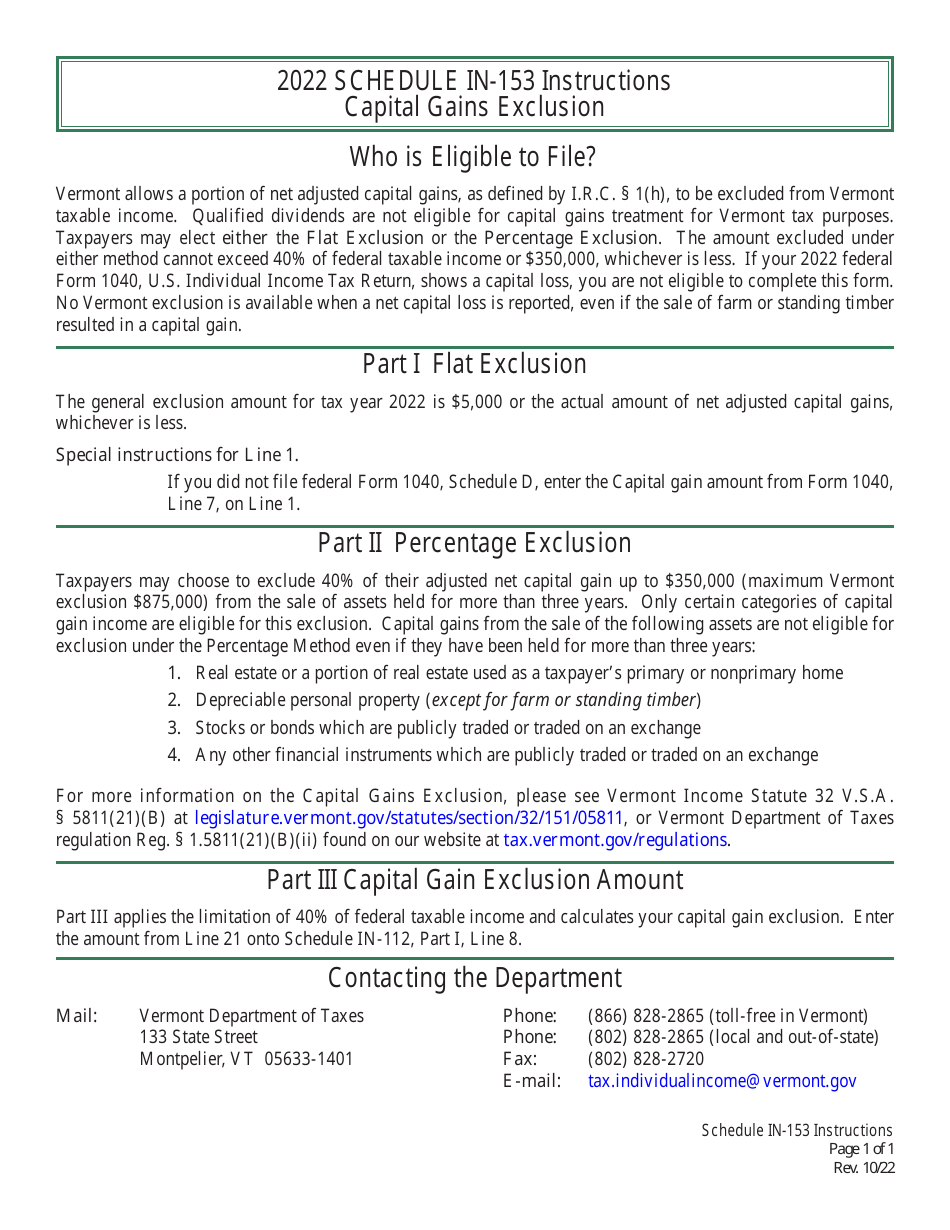 Instructions for Schedule IN-153 Vermont Capital Gains Exclusion Calculation - Vermont, Page 1