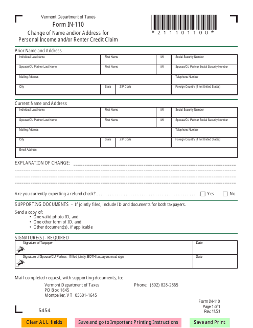 Form IN-110 Change of Name and/or Address for Personal Income and/or Renter Credit Claim - Vermont
