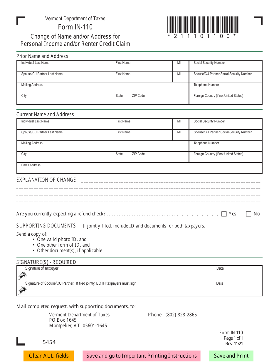 Form IN-110 Change of Name and / or Address for Personal Income and / or Renter Credit Claim - Vermont, Page 1