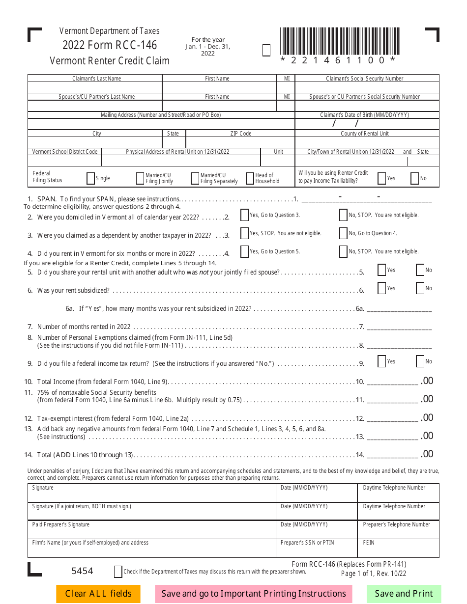Form RCC146 Download Fillable PDF or Fill Online Vermont Renter Credit