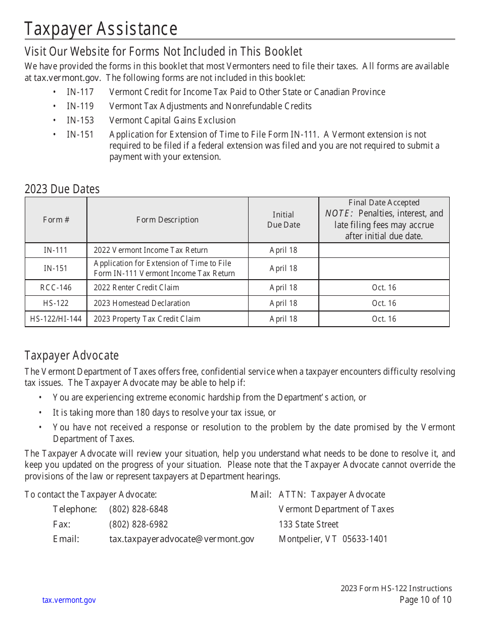 Instructions for Form HS-122 Schedule HI-144 Vermont Homestead Declaration and / or Property Tax Credit Withdrawal - Vermont, Page 10