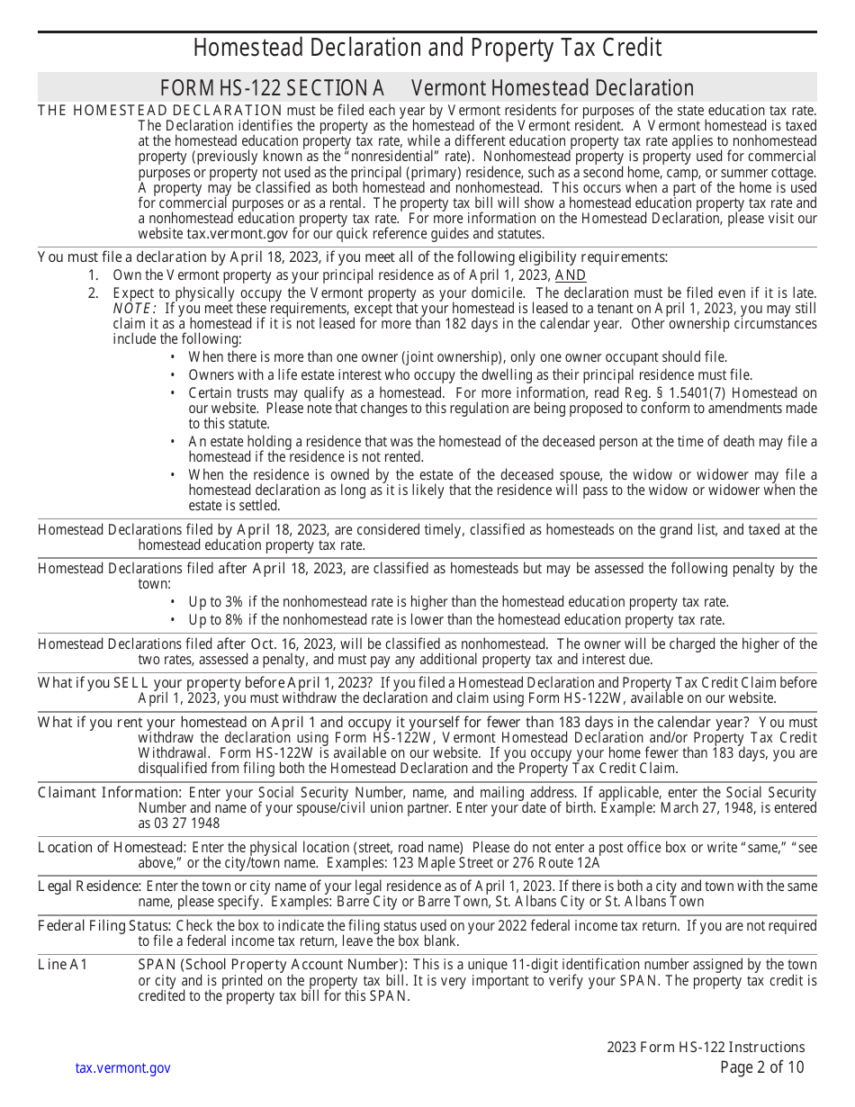 Instructions for Form HS-122 Schedule HI-144 Vermont Homestead Declaration and / or Property Tax Credit Withdrawal - Vermont, Page 2
