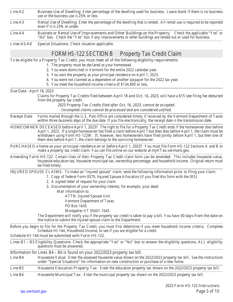 Instructions for Form HS-122 Schedule HI-144 Vermont Homestead Declaration and / or Property Tax Credit Withdrawal - Vermont, Page 3