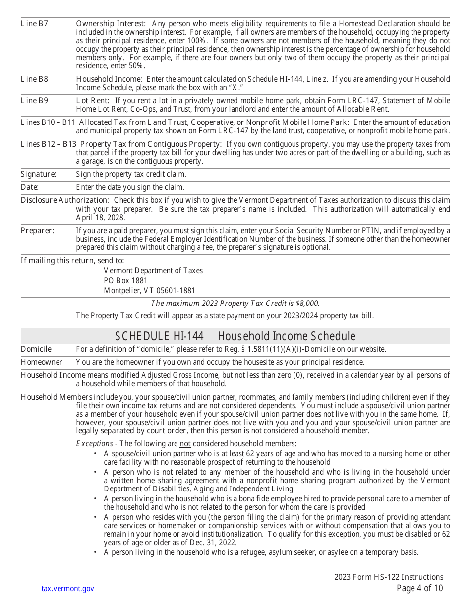 Instructions for Form HS-122 Schedule HI-144 Vermont Homestead Declaration and / or Property Tax Credit Withdrawal - Vermont, Page 4