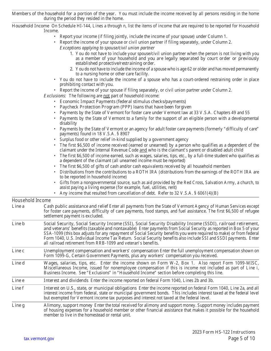 Instructions for Form HS-122 Schedule HI-144 Vermont Homestead Declaration and / or Property Tax Credit Withdrawal - Vermont, Page 5