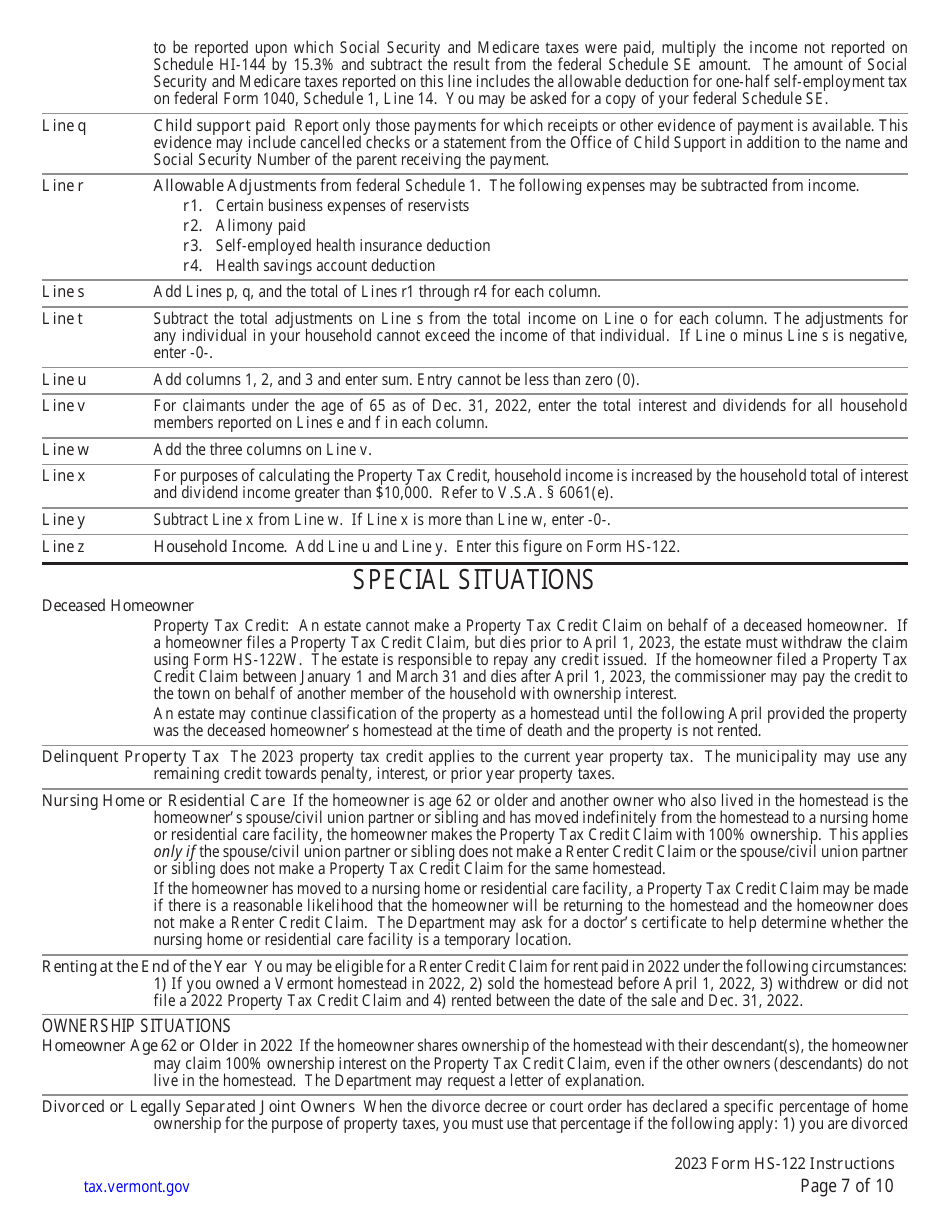 Instructions for Form HS-122 Schedule HI-144 Vermont Homestead Declaration and / or Property Tax Credit Withdrawal - Vermont, Page 7