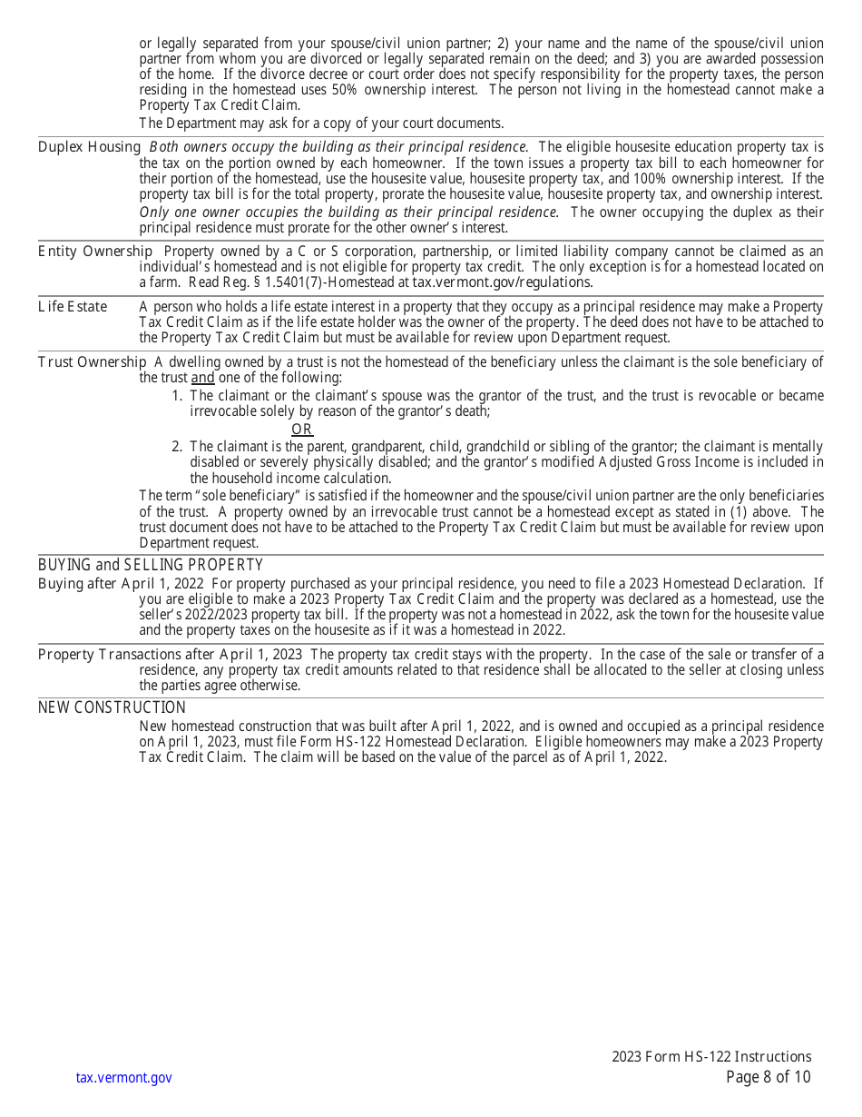 Instructions for Form HS-122 Schedule HI-144 Vermont Homestead Declaration and / or Property Tax Credit Withdrawal - Vermont, Page 8