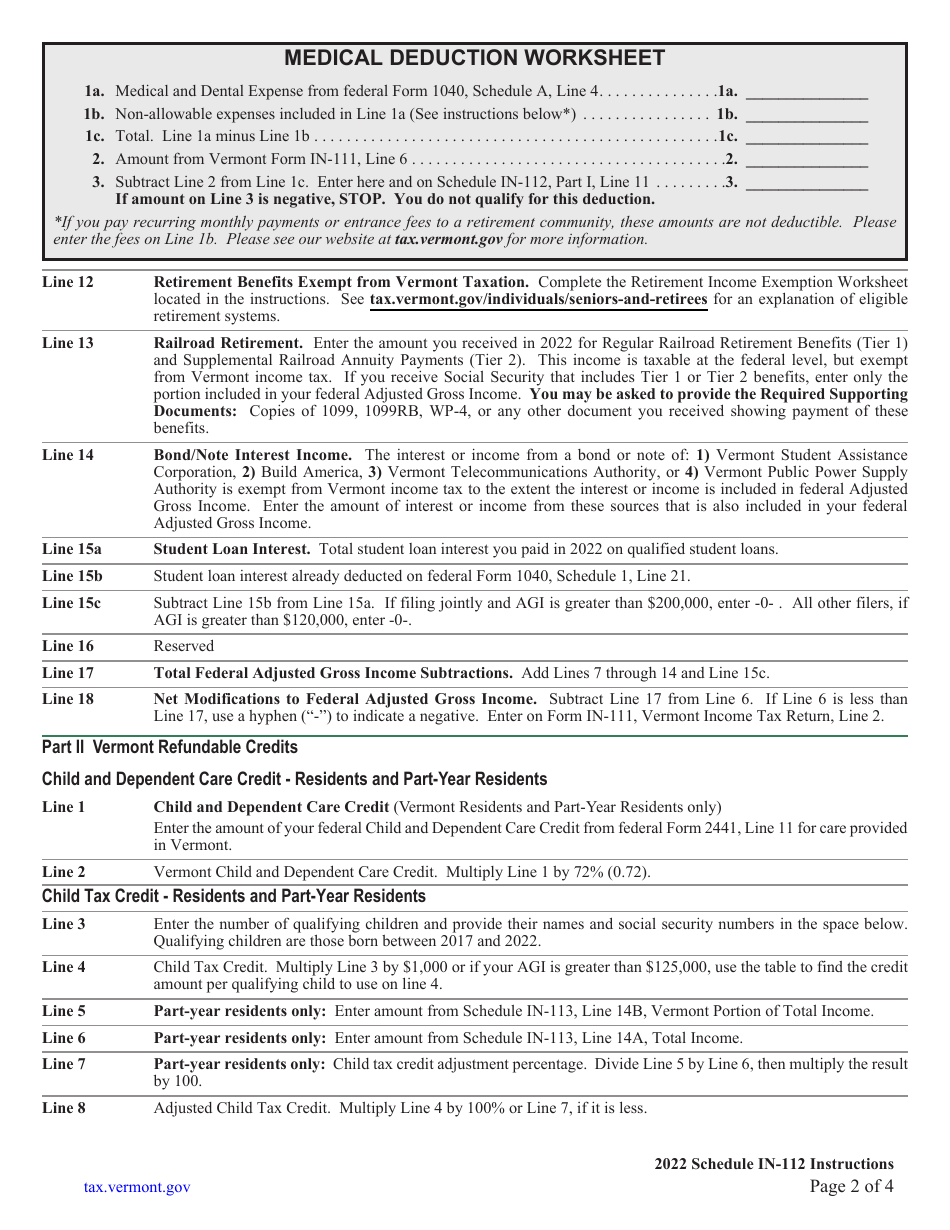 Instructions for Schedule IN-112 Vermont Tax Adjustments and Credits - Vermont, Page 2