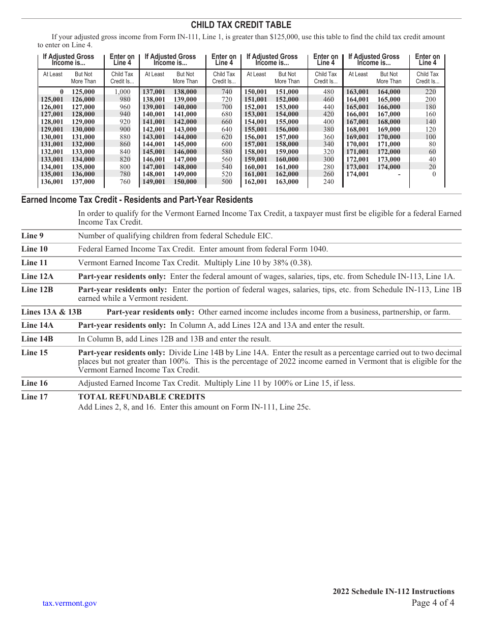 Instructions for Schedule IN-112 Vermont Tax Adjustments and Credits - Vermont, Page 4