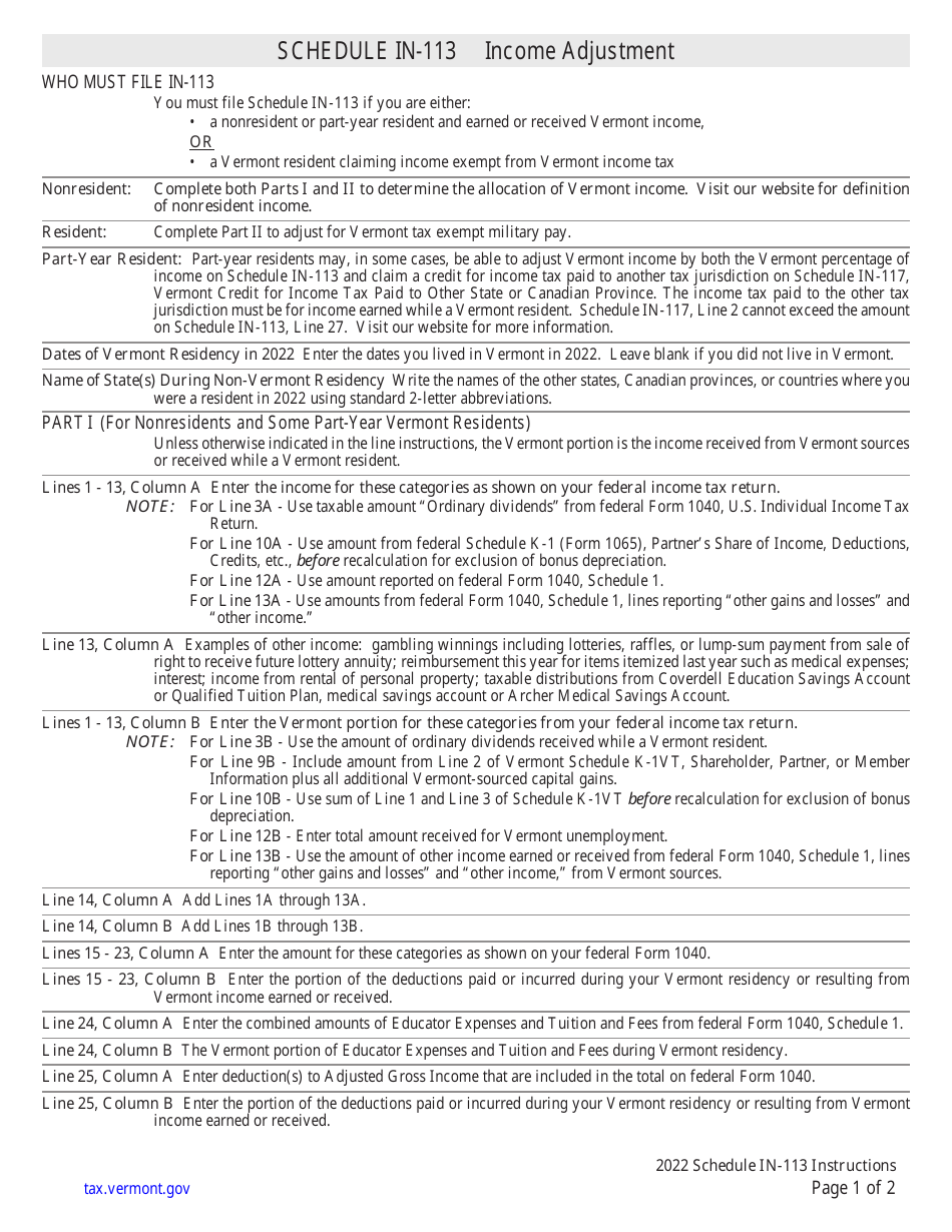 Instructions for Schedule IN-113 Vermont Income Adjustment Calculations - Vermont, Page 1