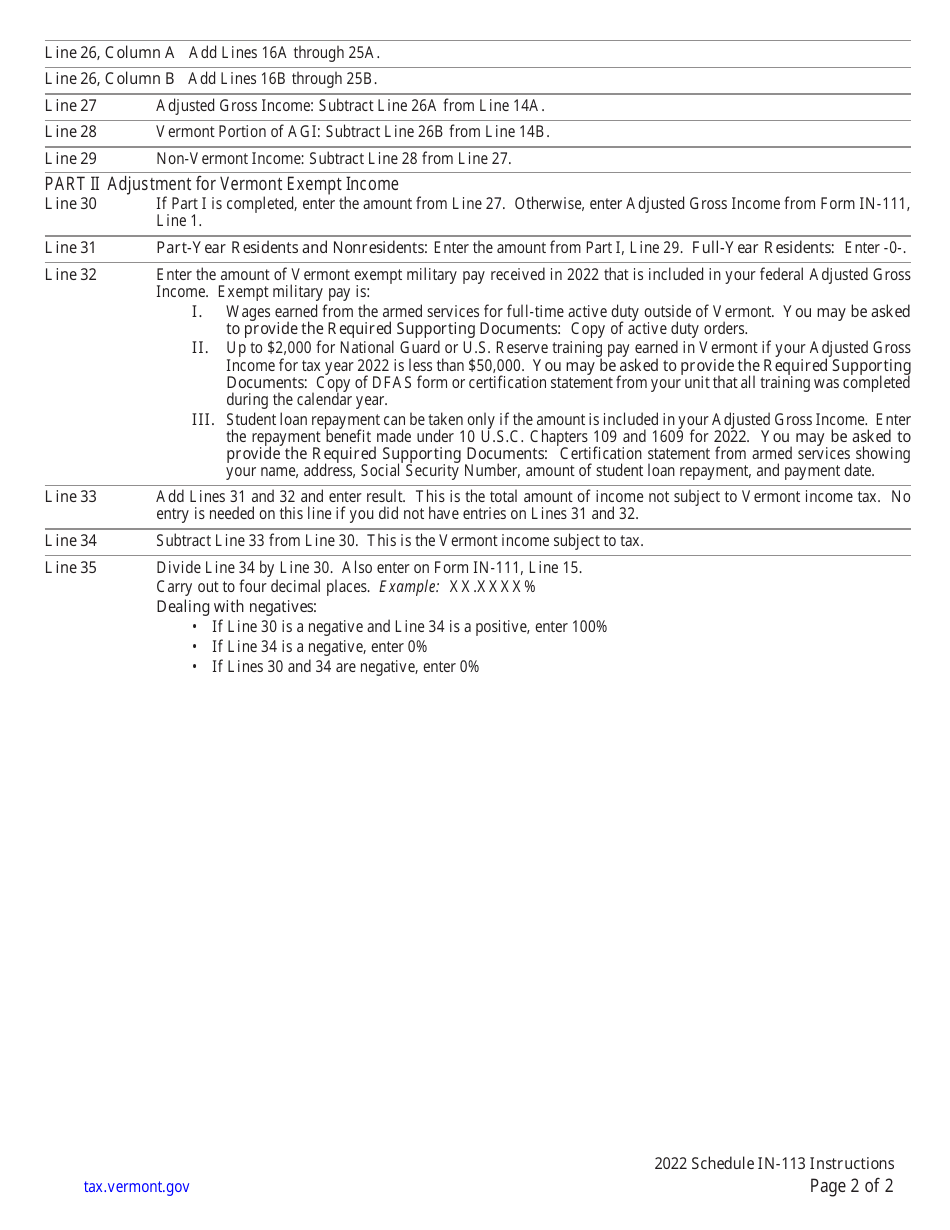 Instructions for Schedule IN-113 Vermont Income Adjustment Calculations - Vermont, Page 2