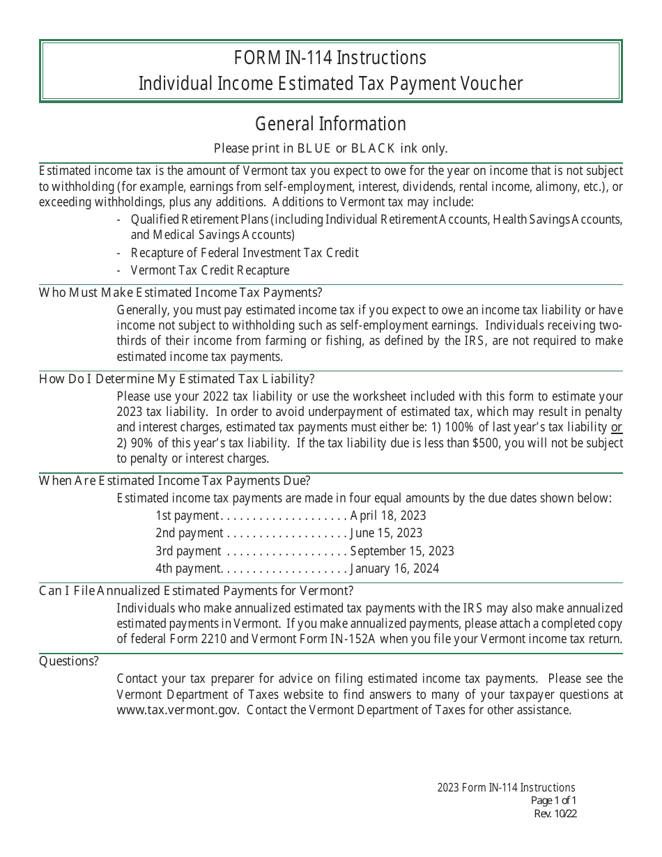 Instructions for Form IN-114 Vermont Individual Income Estimated Tax Payment Voucher - Vermont, Page 1