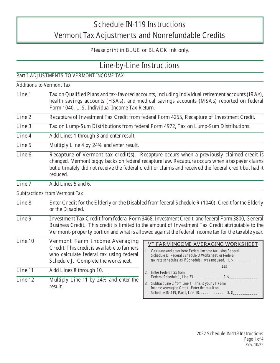 Download Instructions for Schedule IN119 Vermont Tax Adjustments and Nonrefundable Credits PDF