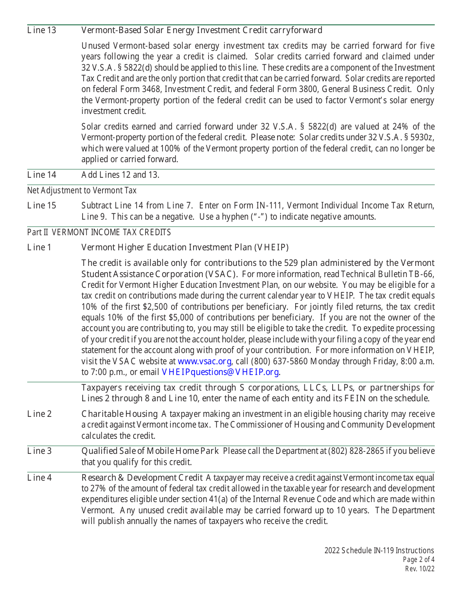 Instructions for Schedule IN-119 Vermont Tax Adjustments and Nonrefundable Credits - Vermont, Page 2
